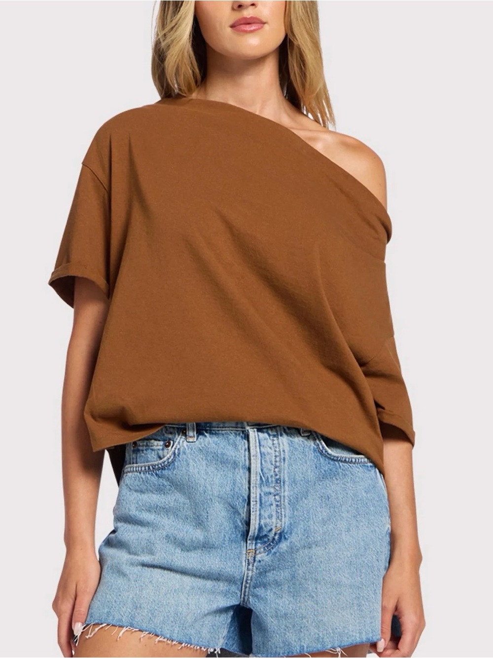 Nuuds Vintage Cotton Off The Shoulder T-Shirt Chocolate Size XL